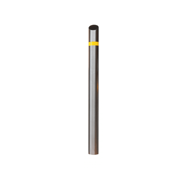A stainless steel in-ground bollard used in parking lots, sidewalks, and entrances to safeguard property from impacts.